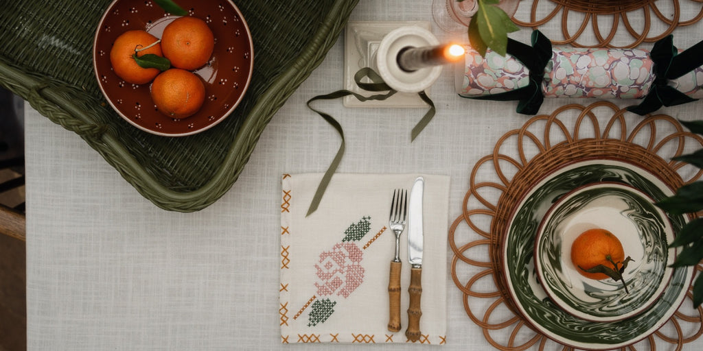 Hadley Green Tray, Dotty Bowl and Rose Tapestry Napkin